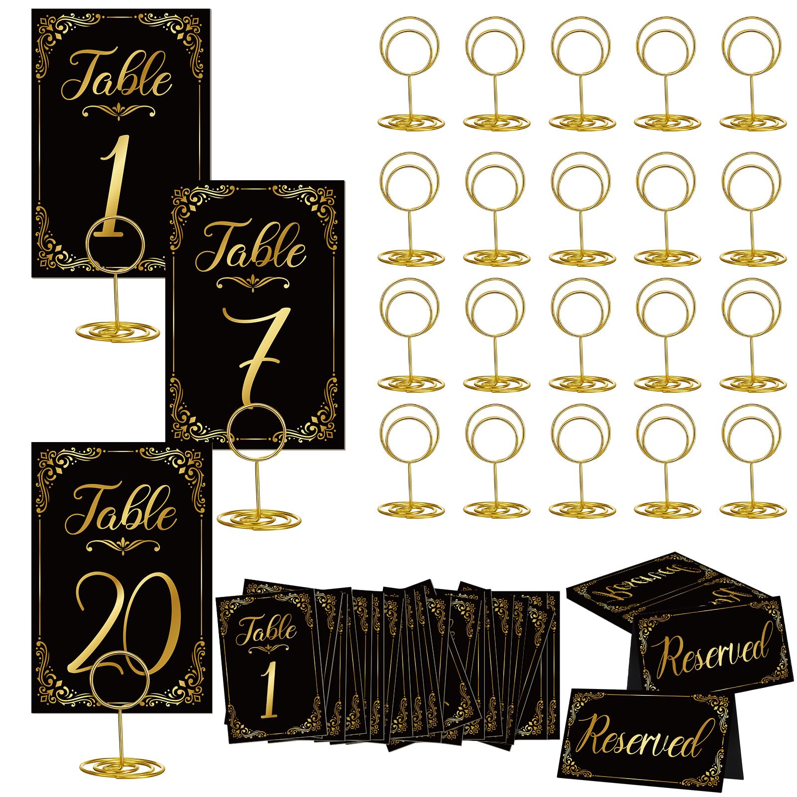 Gold Elegance Table Number & Holder Kit 1-20 with Matching Reserved Seat Signs