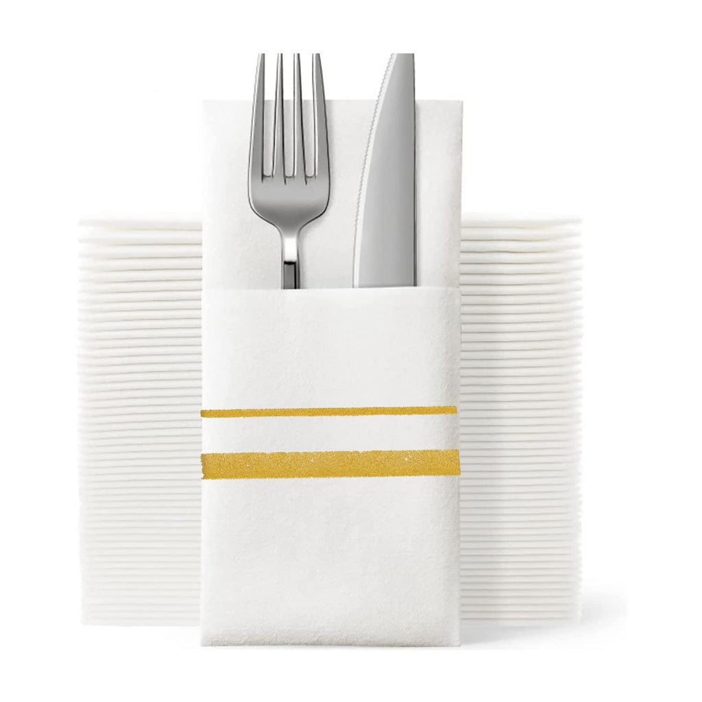 Golden and White Dinner Napkins with Flatware Pocket 50 PCS