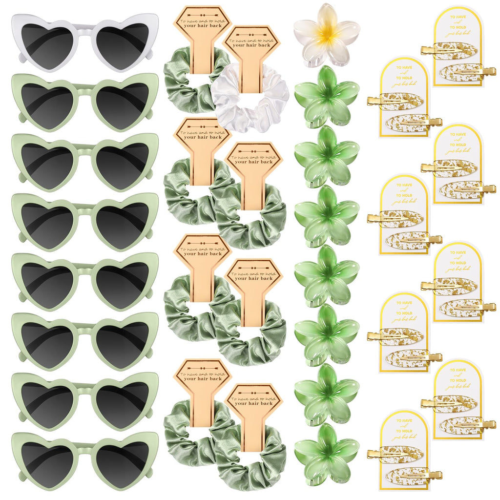 Bridesmaid Gifts- Flower Claw Clips, Satin Scrunchies, Sunglasses (White&Sage Green)