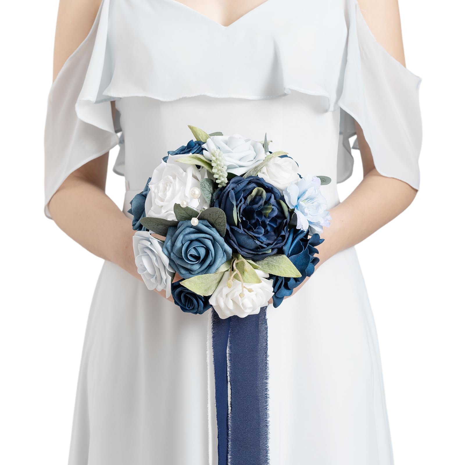 Lings Moment Artificial Flowers Navy Blue Bridesmaid Bouquet Blue & White Wedding Flowers Bouquets for Bridesmaids 7 Inch Bridal Bouquets for Bridesmaids Wedding Ceremony Anniversary etc