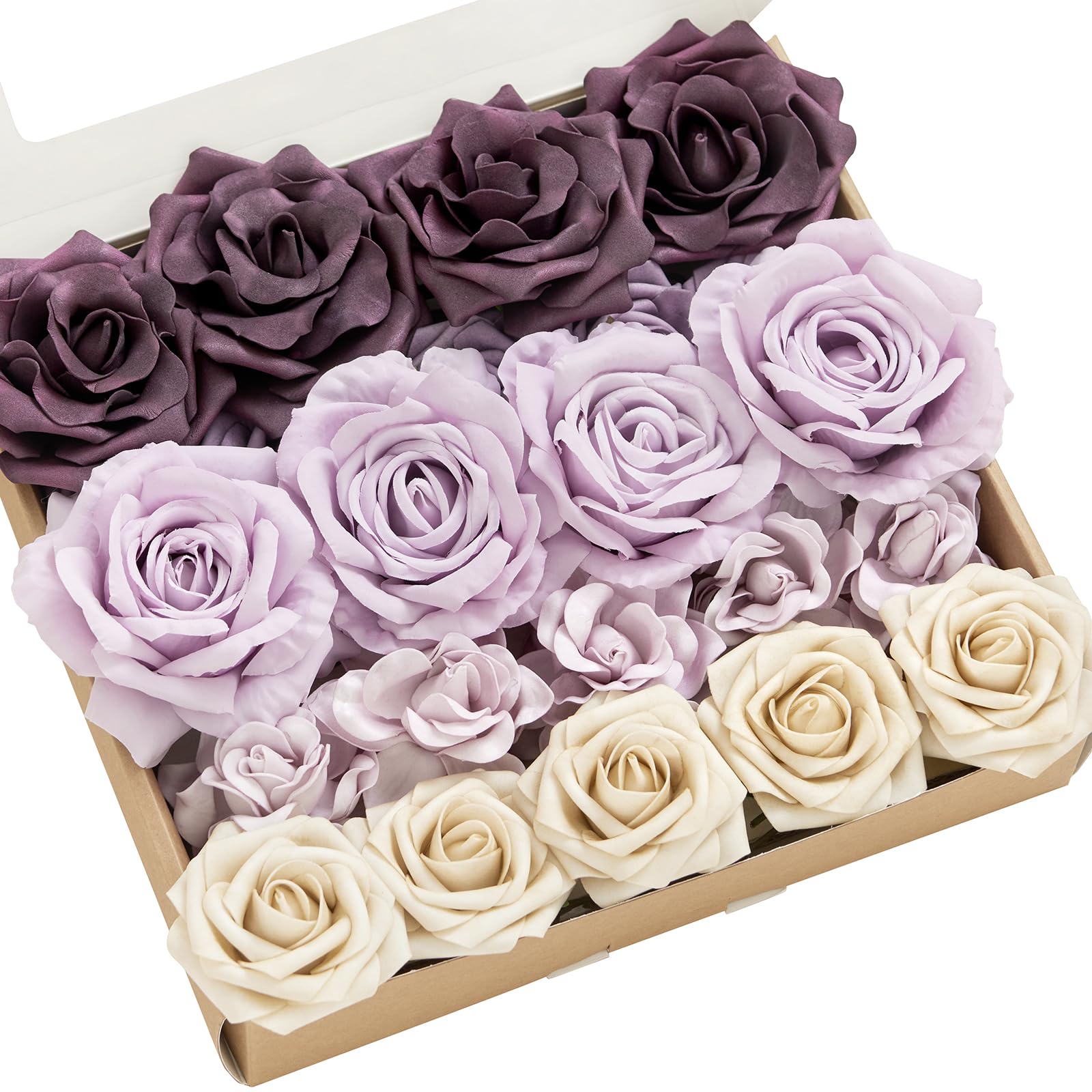Lings Moment Artificial Flowers Fake Silk Roses Faux Foam Gardenia Combo for DIY Wedding Bouquets Centerpieces Arrangements Bridal Shower Party Home Decorations Purple & Pale Lavender 23pcs