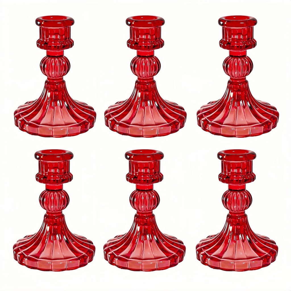 Glass Taper Candlestick Holders- Set of 6 (Red)