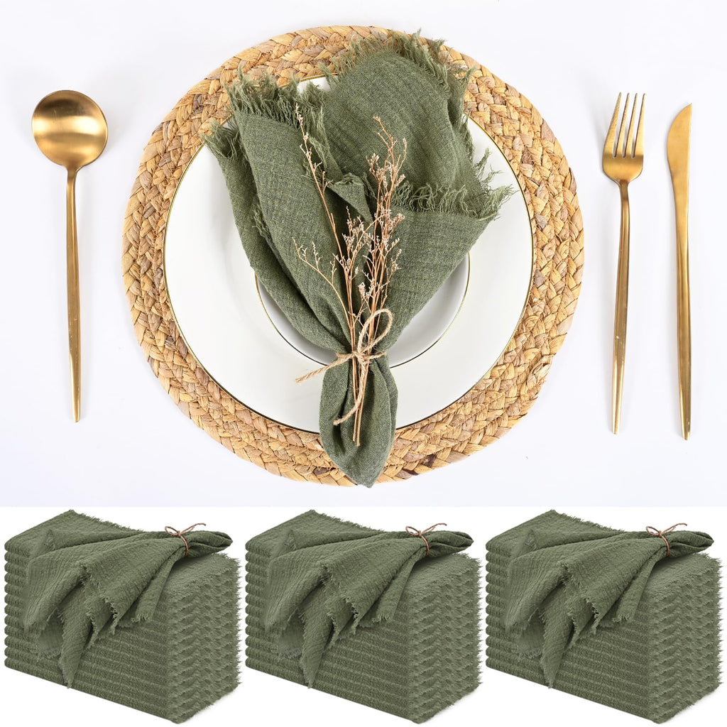 Olive Green Cotton-Linen Napkins 36-Pack with Fringe Edge Design
