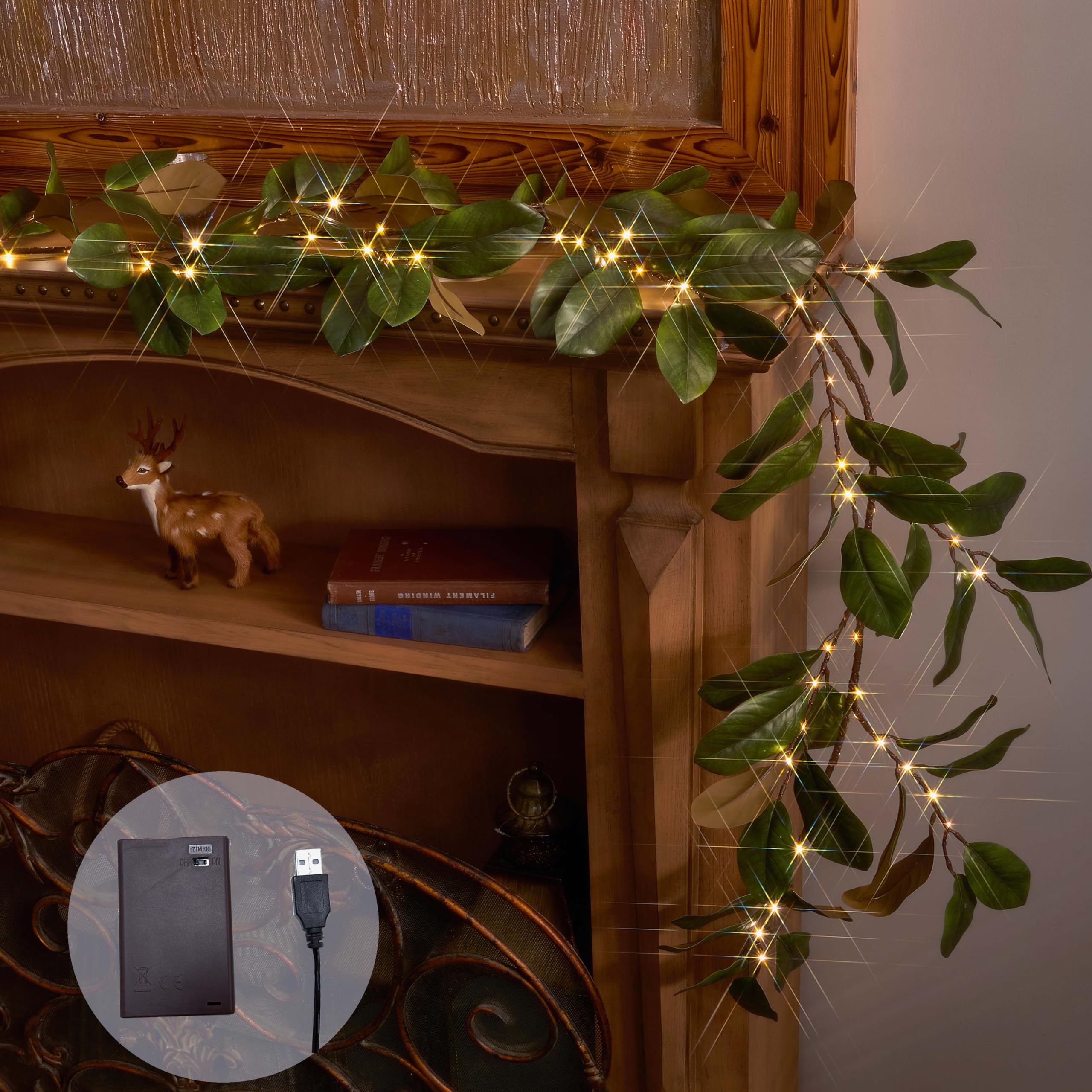 Lighted Magnolia Garland with Timer- 6FT