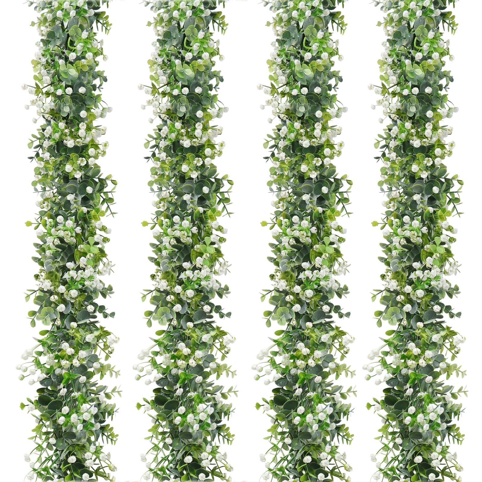 SOMYTING 4 Pack Artificial Eucalyptus Garland with White Flowers Artificial Greenery Garland Fake Hanging Flower Garland Plant Artificial Vines for Wedding Backdrop Arch Wall Table Decor
