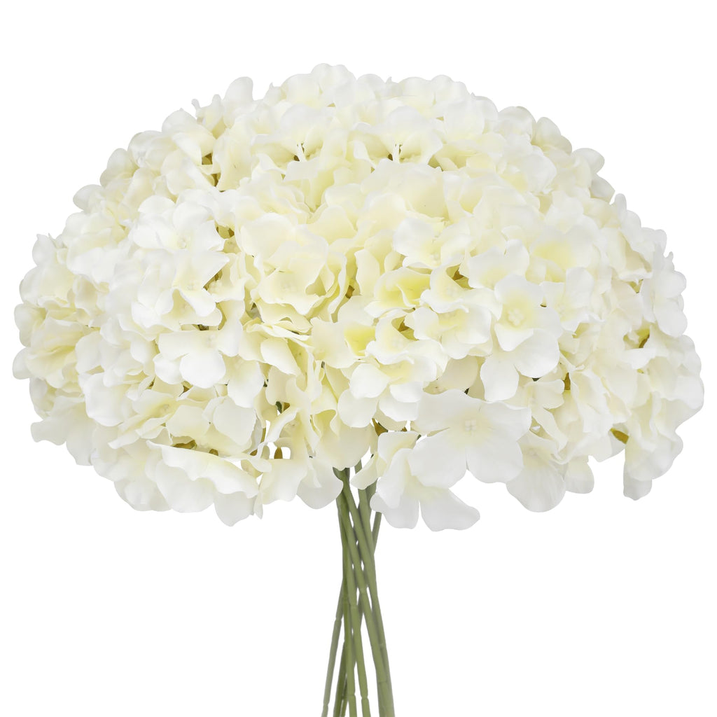 FLORRALIA Fake White Hydrangea Artificial Flowers - Faux Silk Hydrangeas Flowers Heads with Stems Real Touch for Home Wedding Party Table Decor(CreamWhitePack of 10)