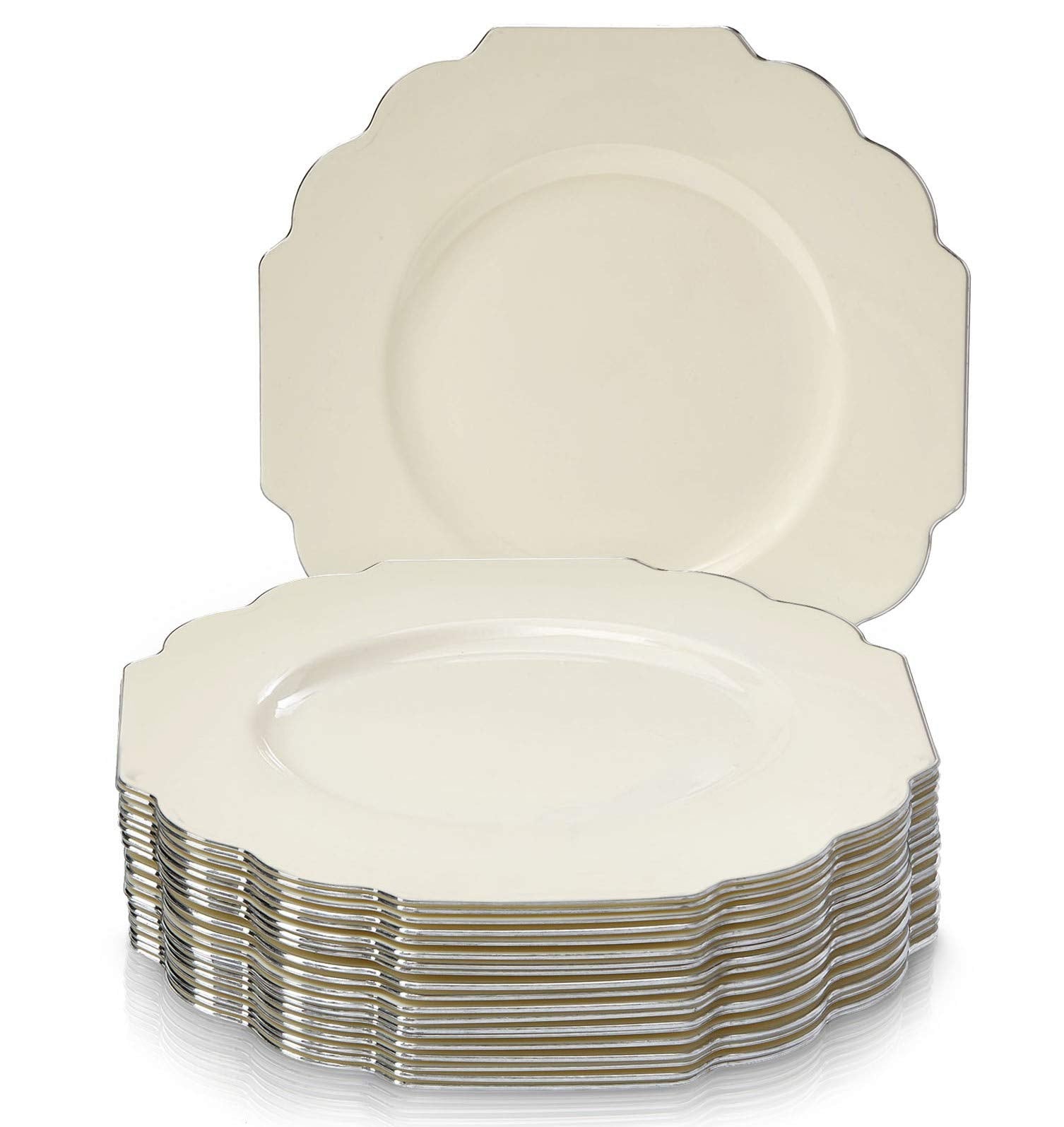 Elegant Ivory Plates with Silver Scalloped Trim