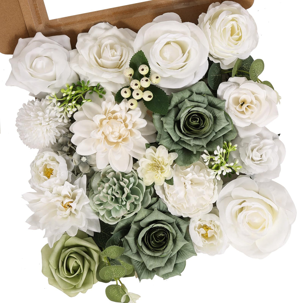 Luckinds Artificial Flowers Combo Box Set Fake Flowers Dahlia White Roses Green Leaf with Stems for DIY Wedding Bouquets Baby Shower Party Home Decoration