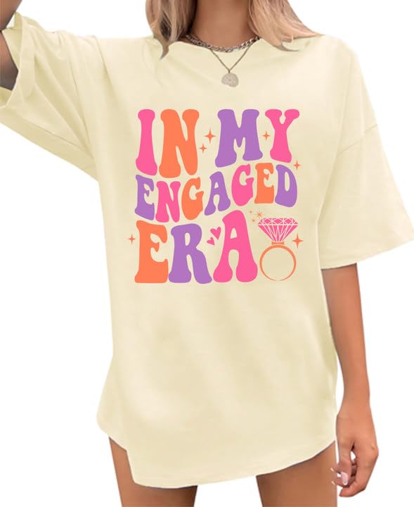 Bride Shirts for Women Oversized in My Engaged Era Tshirt Bachelorette Outfit for Bride Engagement Party Tops Beige