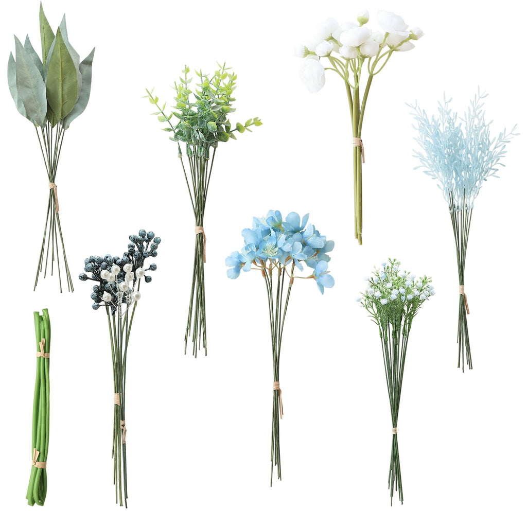 Floroom Artificial Greenery Stems Box Set 59pcs with 7 Kinds of Faux Greenery Flowers Picks for DIY Bridal Bouquets Wedding Floral Arrangement Table Centerpieces Blue & White