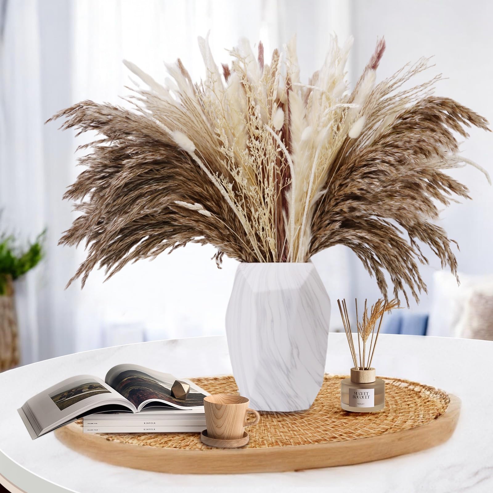 96 PCS Dried Pampas Grass Boho Home Table Decor Bunny Tails Dried Flowers Brown Pompas White Pampas Grass for Wedding Home Rustic Party Baby Shower Decorations