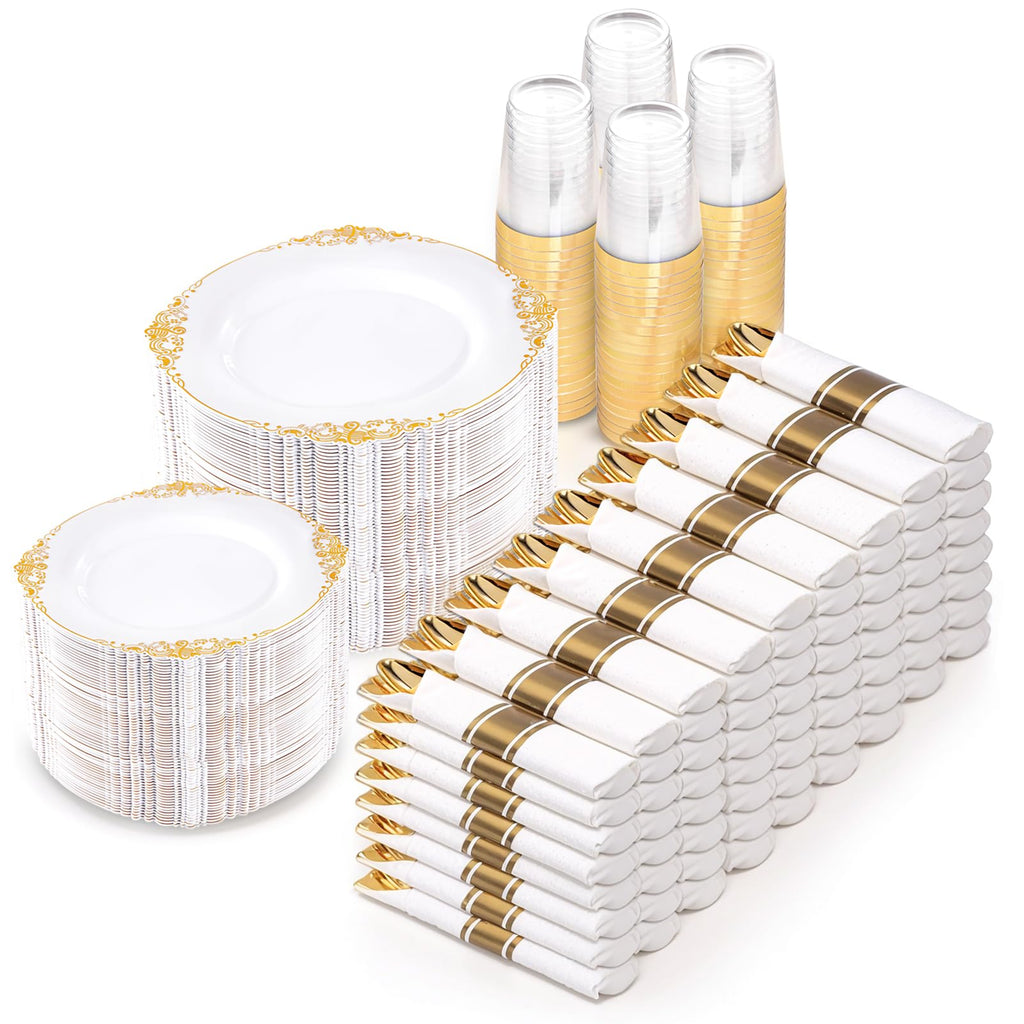 Elegant Gold 700-Piece Disposable Dinner Set for 100 Guests