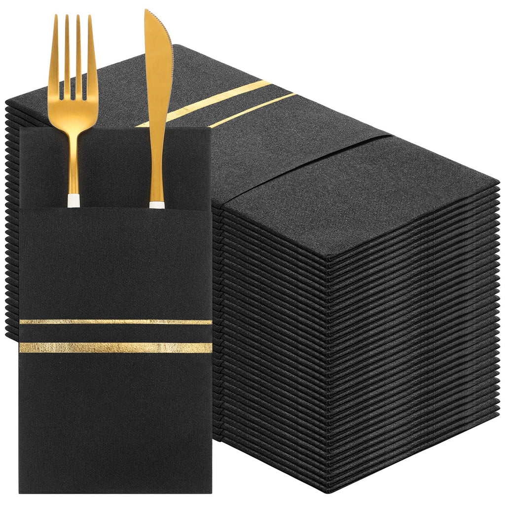 100-Pack Black & Gold Pre-Folded Dinner Napkins