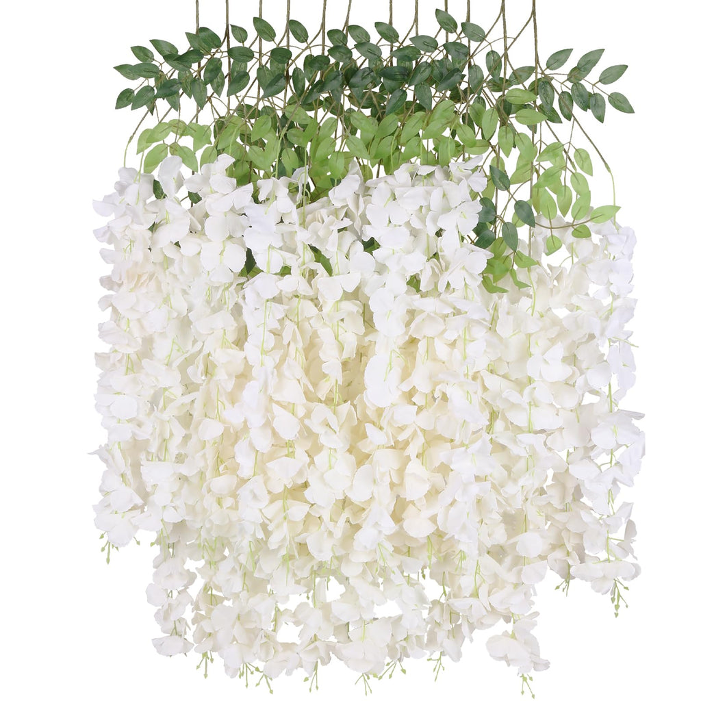 INSUNSIX 12Pack Wisteria Hanging Artificial Flowers 3.6ft Wisteria Silk Flowers Garland Fake Bushy Vine Faux Ratta String for Wedding Arch Party Garden Greenery Home Wall Backdrop Decor (Milk White)