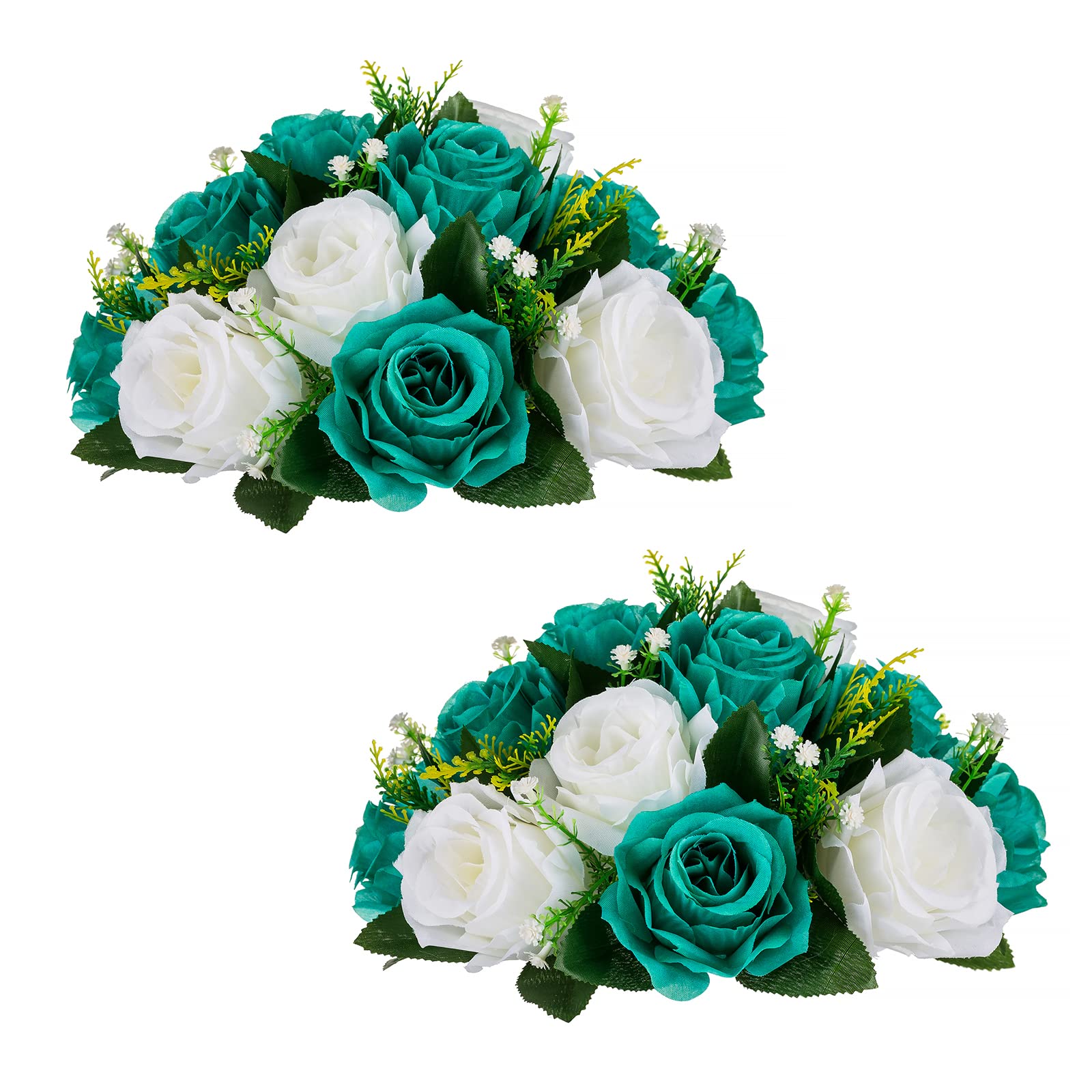 BLOSMON Flower Balls Wedding Rose Centerpieces: 2 Pcs Fake Flowers Teal & White Kissing Balls Decor Artificial Floral Arrangements Flower Bouquet of Roses Home Party Table DIY Decorations