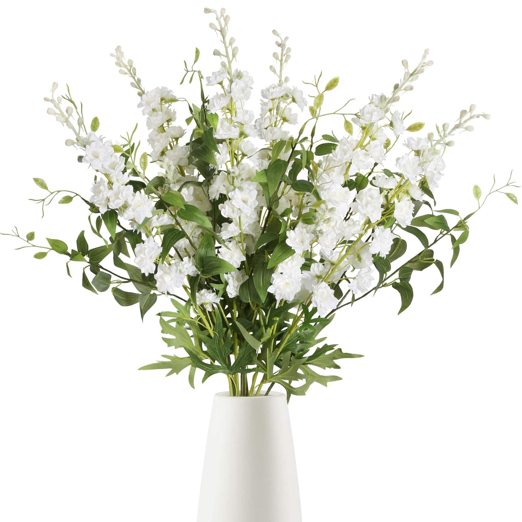 IPOPU White Flowers Artificial Delphinium for Decoration 9PCS White Delphinium Artificial Flowers with Clematis Greenery White Silk Flowers for Wedding Centerpieces for Home Table Party Decor (White)