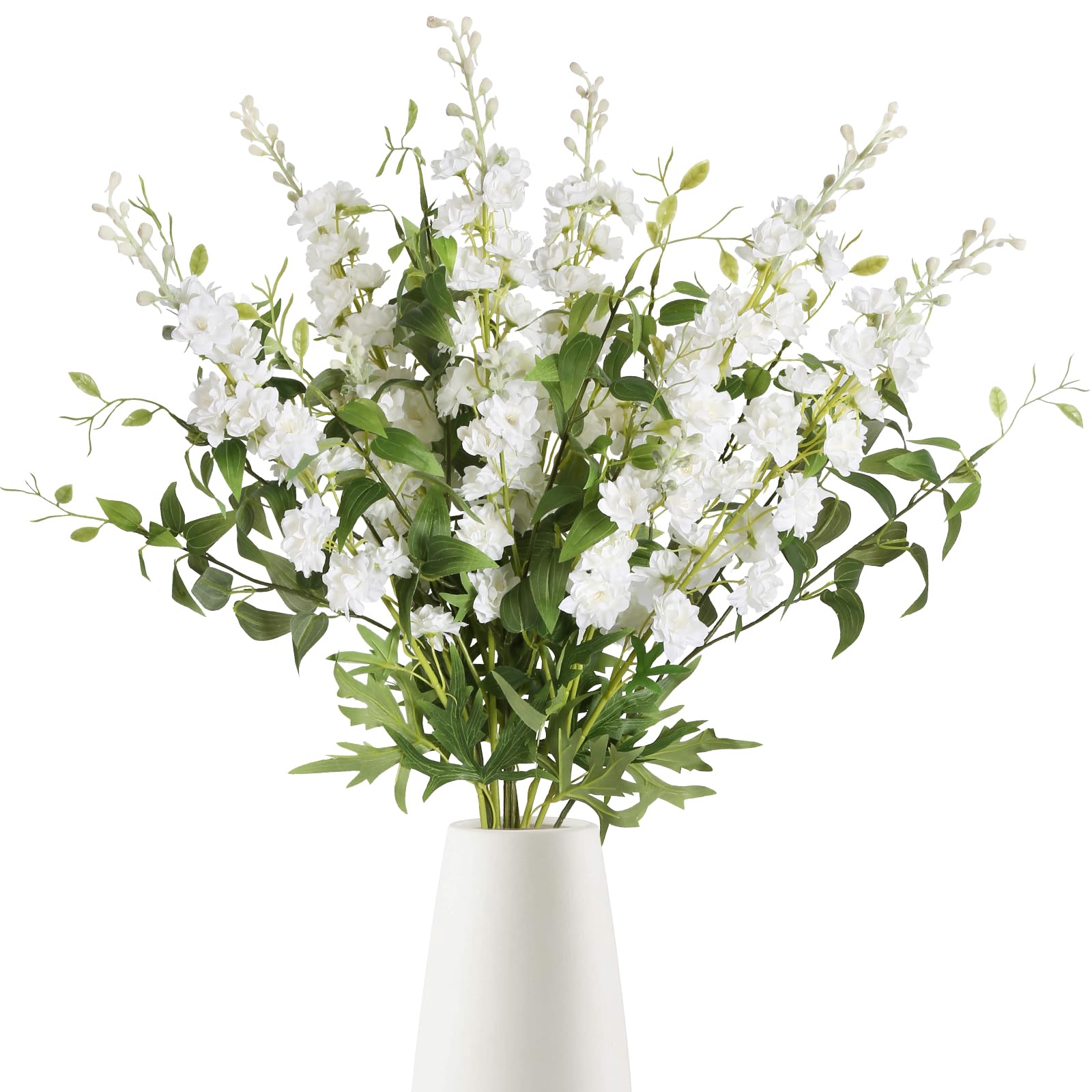 IPOPU White Flowers Artificial Delphinium for Decoration 9PCS White Delphinium Artificial Flowers with Clematis Greenery White Silk Flowers for Wedding Centerpieces for Home Table Party Decor (White)