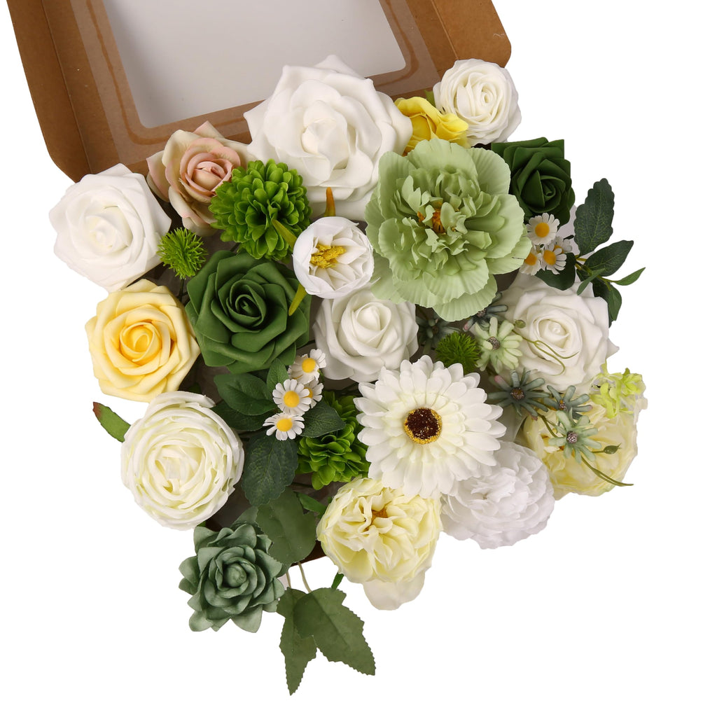 Artificial Flower Combo Flowers Box Set for DIY Bouquets Centerpieces Floral Arrangements Multi Use Wedding Party Home Decorations Faux Flowers（Blooming Green White ）