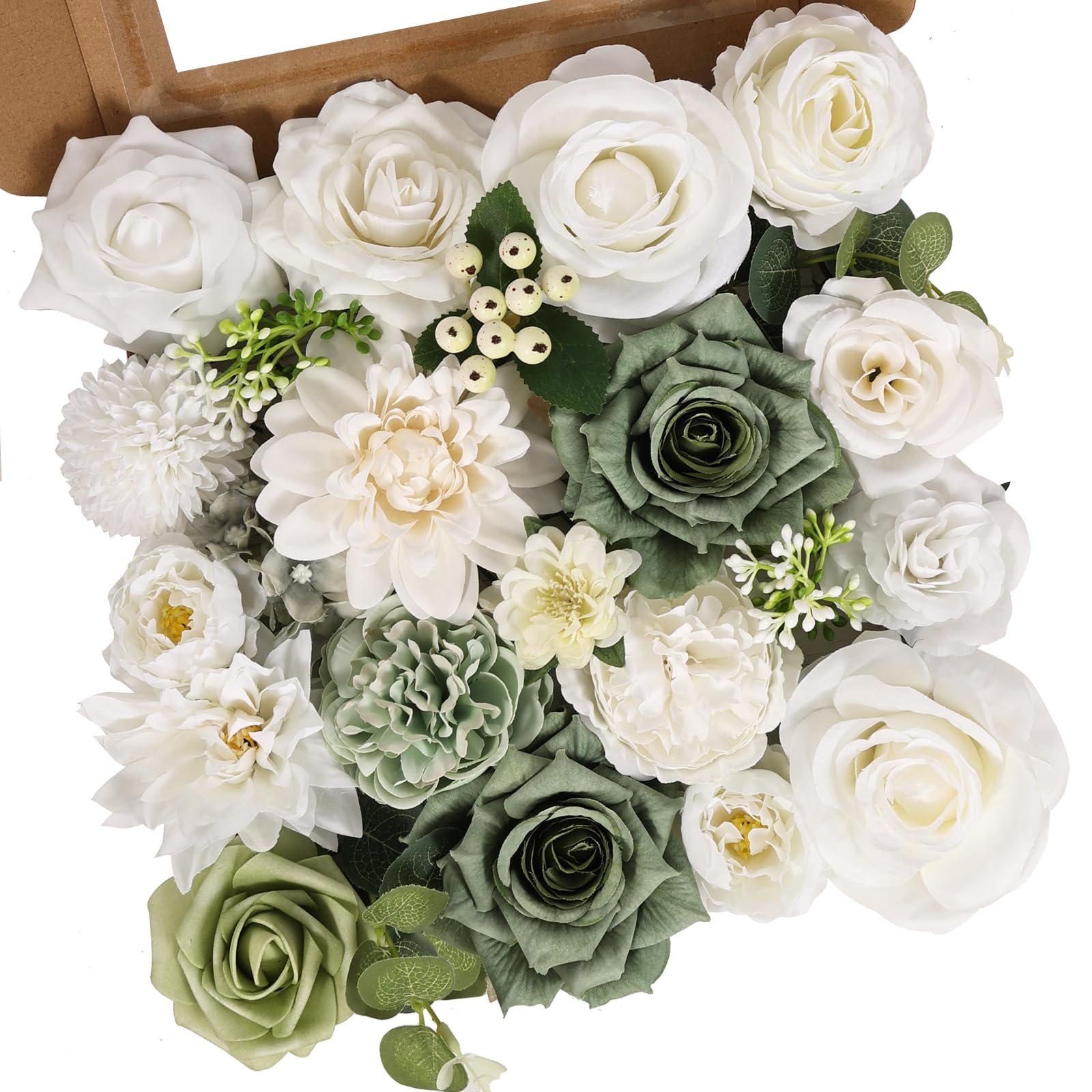 Luckinds Artificial Flowers Combo Box Set Fake Flowers Dahlia White Roses Green Leaf with Stems for DIY Wedding Bouquets Baby Shower Party Home Decoration
