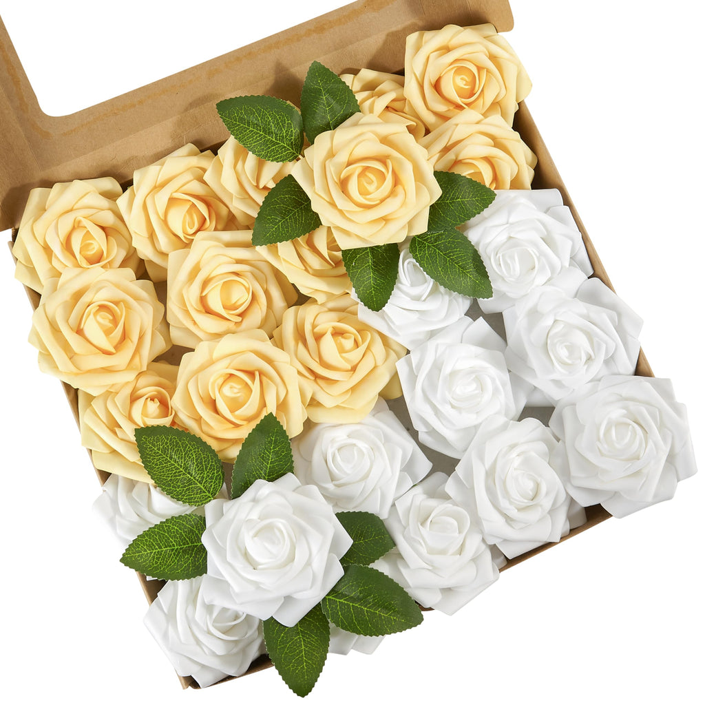 YEEFLORA Artificial Flowers 50pcs Yellow and White Artificial Rose for DIY Wedding Bouquets Centerpieces Arrangements Fake Flower with Stems for Party Home Decorations