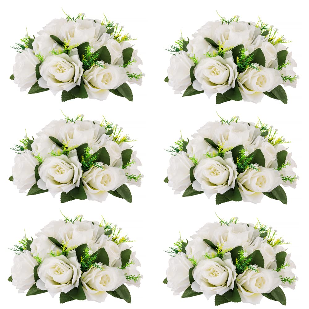 Inweder Wedding Flower Balls for Centerpieces - 6 Pcs Artificial Flower Ball Arrangement Bouquet Fake Flowers Rose Balls for Weddings Birthday Party Valentines Day Home Decor White