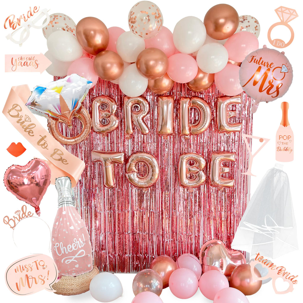 Rose Gold Bridal Shower Decorations - Ideal for Bridal Shower & Bachelorette Party Decor with Latex & Confetti Balloons Bride Banner Bridal Veil Fringe Curtains Bride Sash and Props