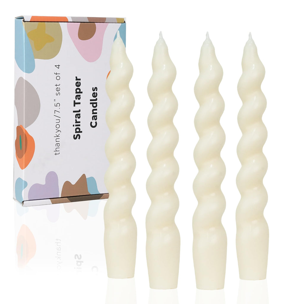 Short Ivory Spiral Taper Candle Sticks- Dripless & Unscented 4pcs