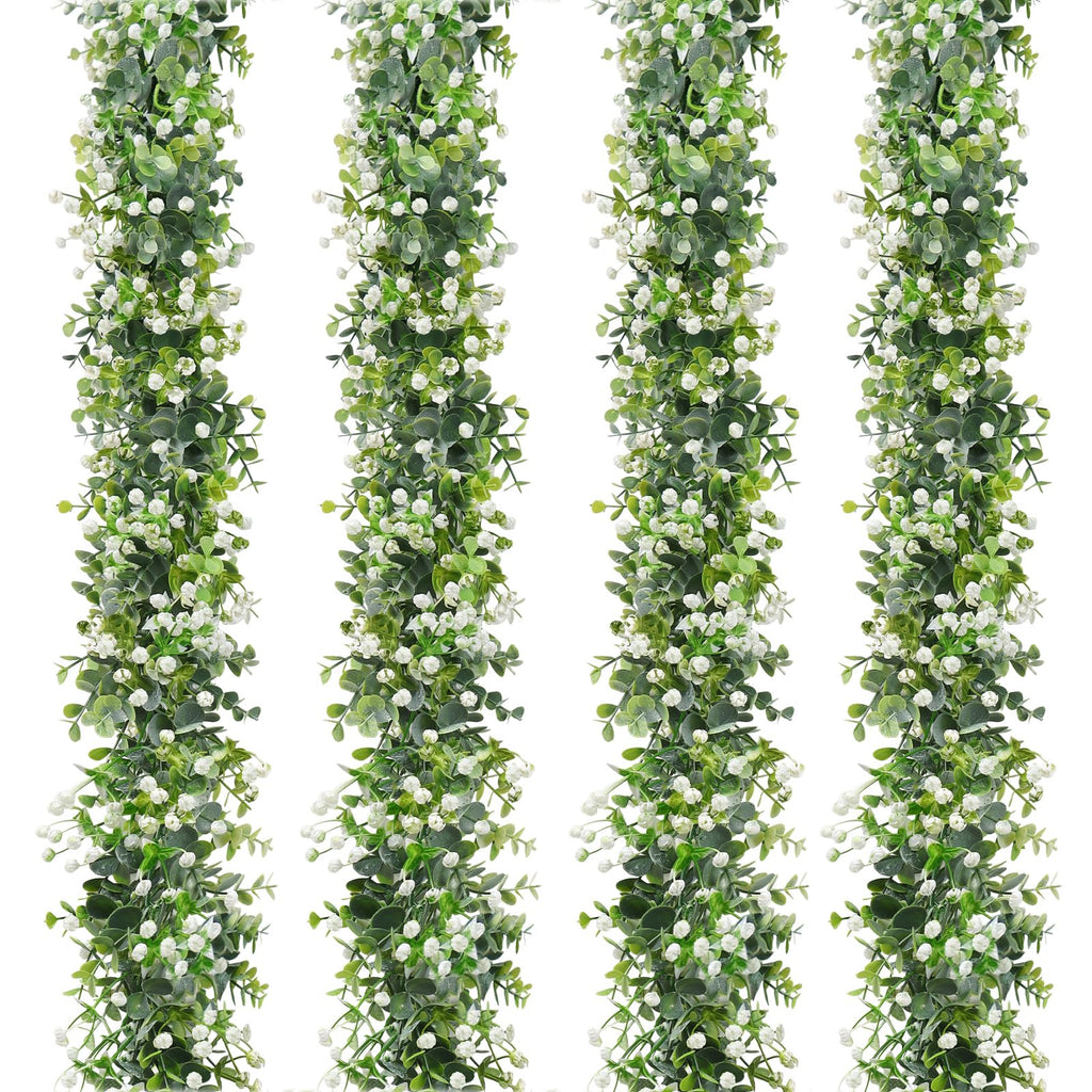 SOMYTING 4 Pack Artificial Eucalyptus Garland with White Flowers Artificial Greenery Garland Fake Hanging Flower Garland Plant Artificial Vines for Wedding Backdrop Arch Wall Table Decor