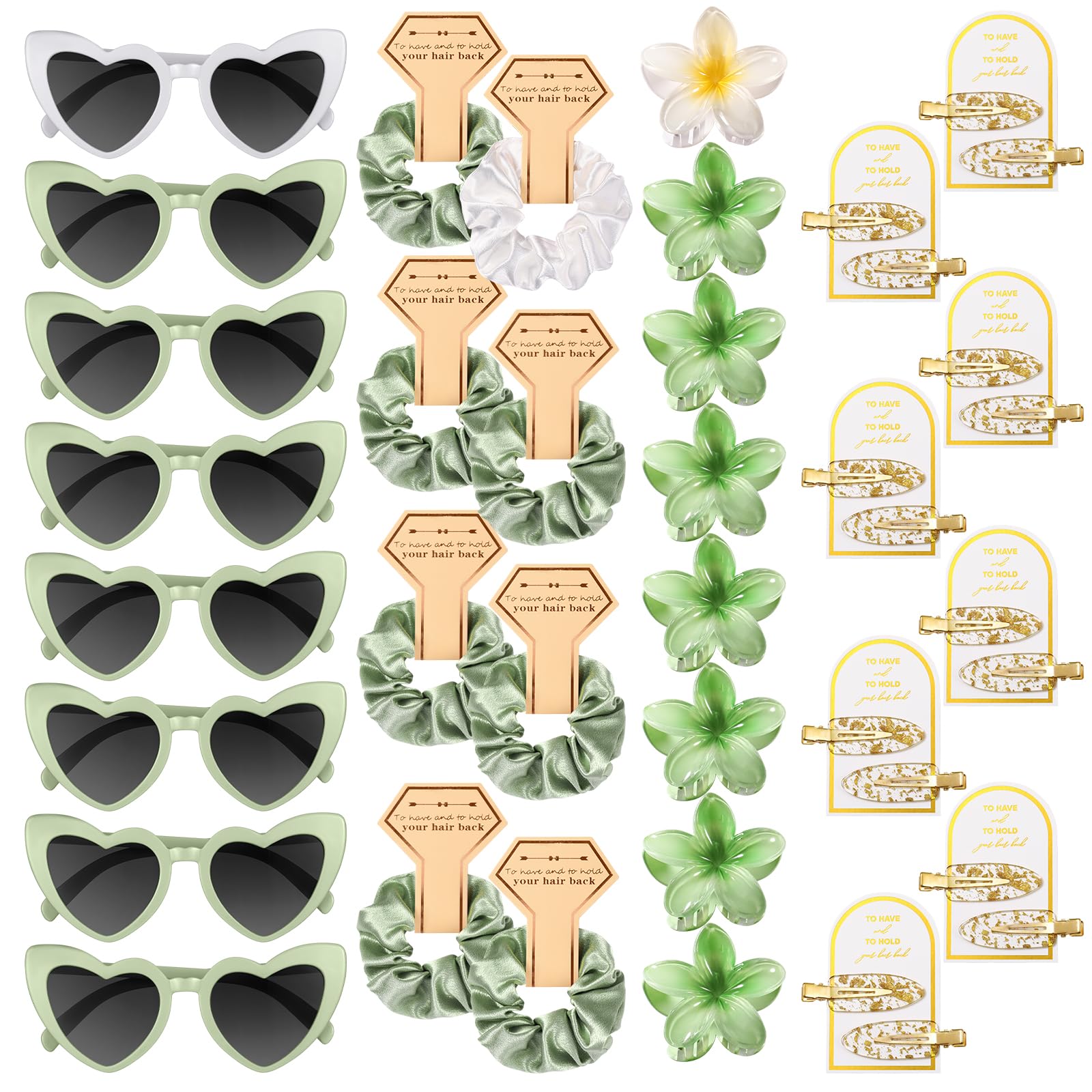 Bridesmaid Gifts- Flower Claw Clips, Satin Scrunchies, Sunglasses (White&Sage Green)