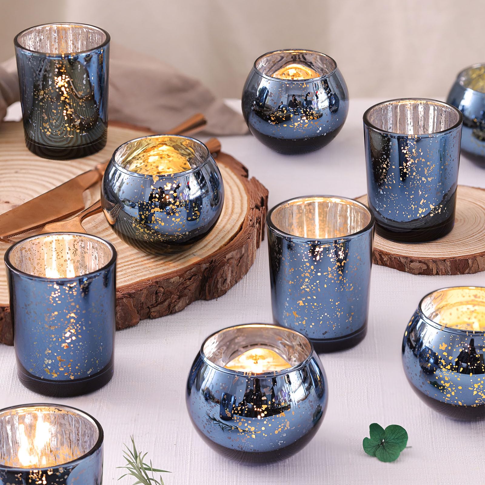 Assorted Speckled Mercury Votive Candle Holders- Set of 12 (Blue)