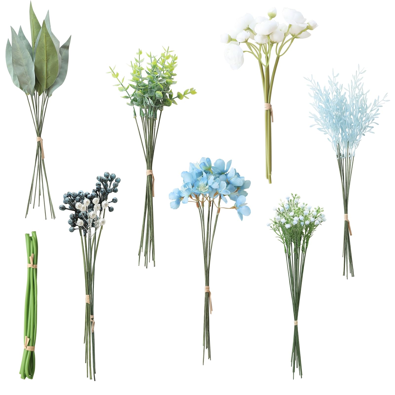Floroom Artificial Greenery Stems Box Set 59pcs with 7 Kinds of Faux Greenery Flowers Picks for DIY Bridal Bouquets Wedding Floral Arrangement Table Centerpieces Blue & White