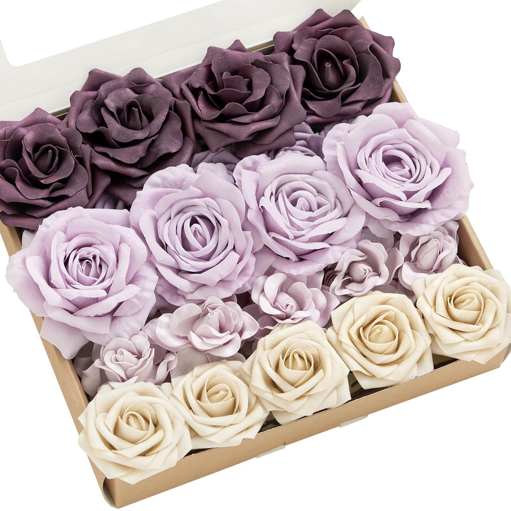 Lings Moment Artificial Flowers Fake Silk Roses Faux Foam Gardenia Combo for DIY Wedding Bouquets Centerpieces Arrangements Bridal Shower Party Home Decorations Purple & Pale Lavender 23pcs