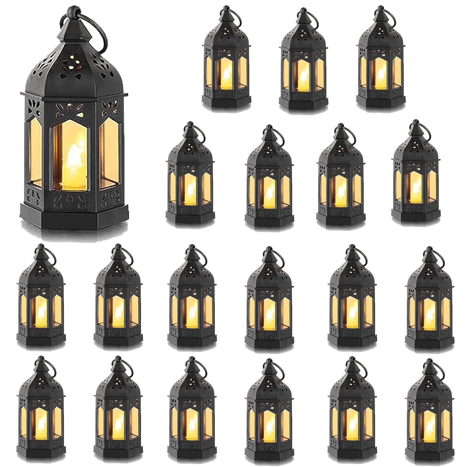 Mini Lantern with Flickering LED Candles- Set of 20 ( Black) Battery Included