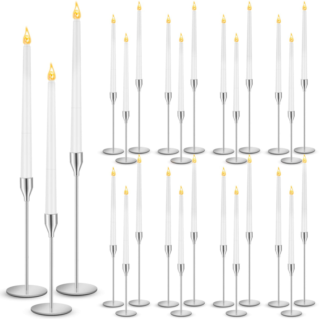 Metal Taper Candlestick Holders with LED Flameless Candles- 30 Piece Set- Battery Operated (Silver)