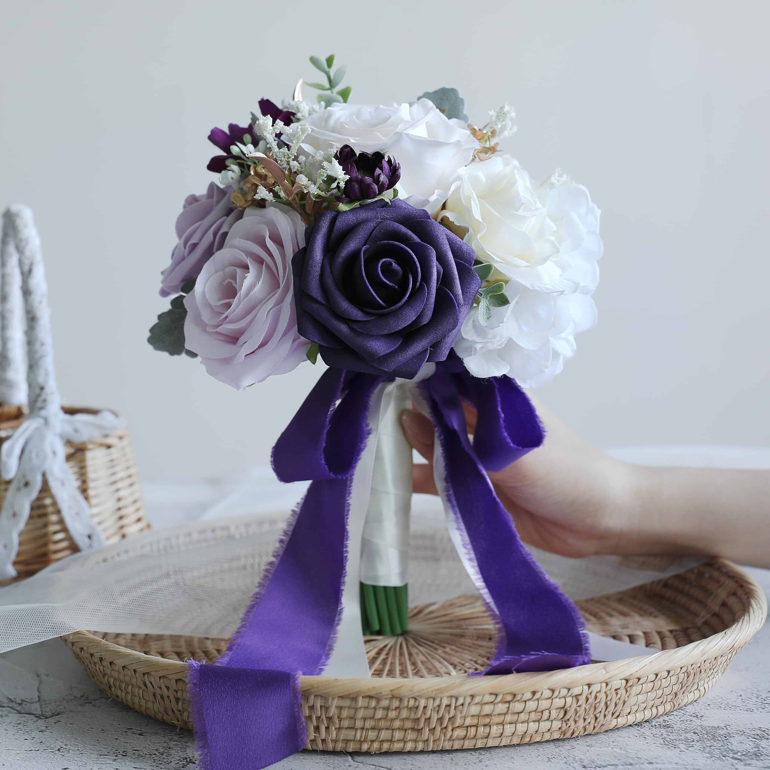 ponatia Purple Wedding Bouquets for Bride Bridesmaid Cream Wedding Artificial Roses Flowers for Wedding Bouquets Ceremony Anniversary (Purple & Cream)