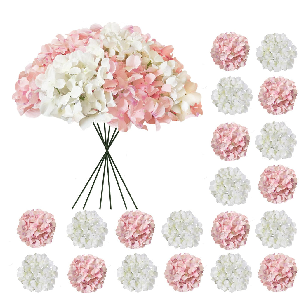 Cherica 20 Pcs White and Pink Hydrangea Artificial Flowers Bulk Faux Hydrangea Flowers Heads Artificial Fake Silk Hydrangea Flowers with Stems White Flowers Artificial for Decoration Wedding Décor