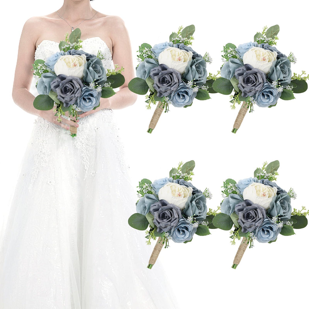 HOMENERGY Set of 4 Bridesmaid Bouquets for Wedding - Artificial Flowers Bouquets for Bridesmaids Small Floral Ceremony Anniversary Centerpieces Decorations - Dusty Blue and White，7 Inch