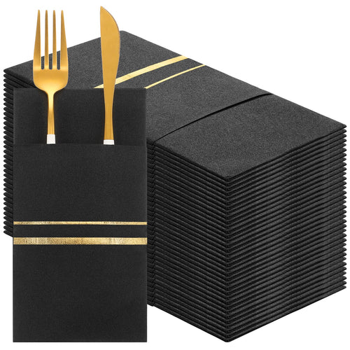 100-Pack Black & Gold Pre-Folded Dinner Napkins